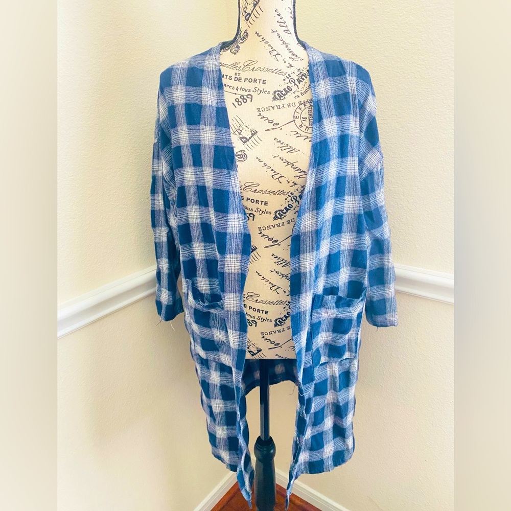 Blue checkered long cardigan S / M